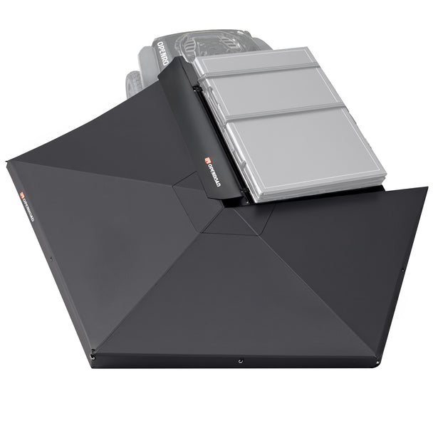 Top-down view of the Openroad 270-degree freestanding awning fully extended on a 4WD setup, showcasing its full wraparound shade coverage—ideal for outdoor adventures and touring in Australia.