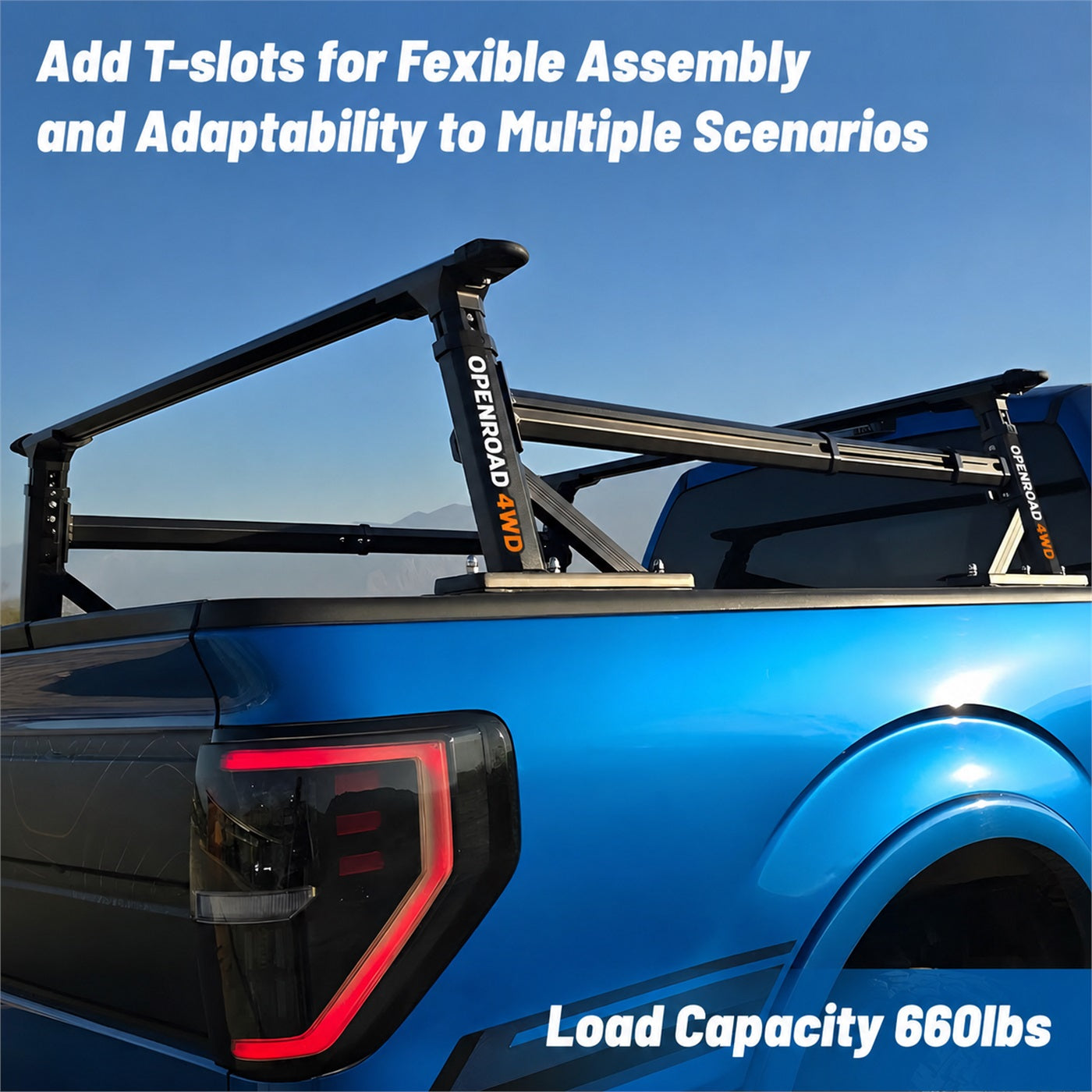 OPENROAD ute tub rack with T-slot rails and 660 pound load capacity