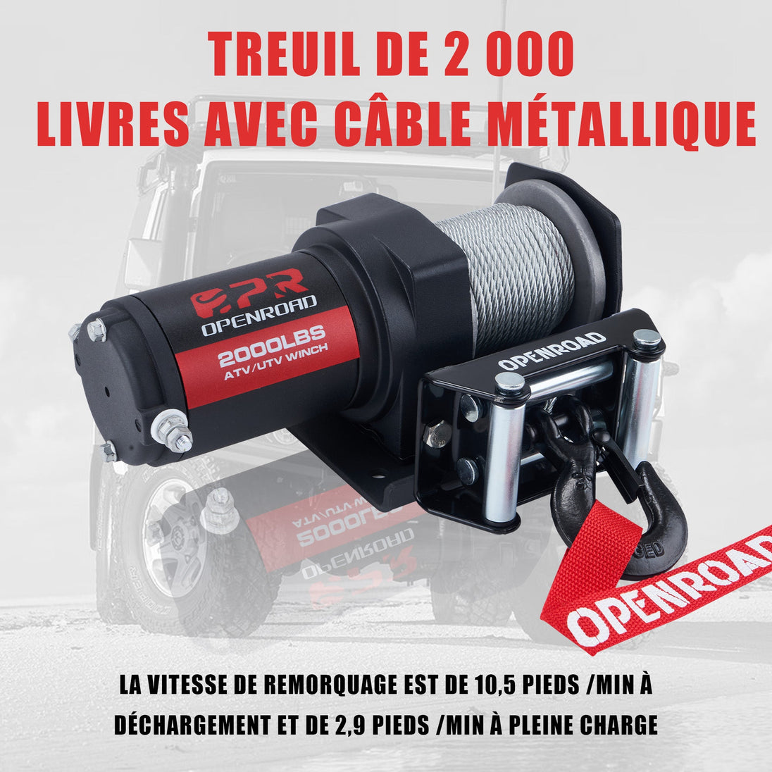 OPENROAD 2000 lbs ATV/UTV Winch – 12V electric winch with wired and wireless remote control, suitable for ATVs and versatile vehicles. Openroad4wd