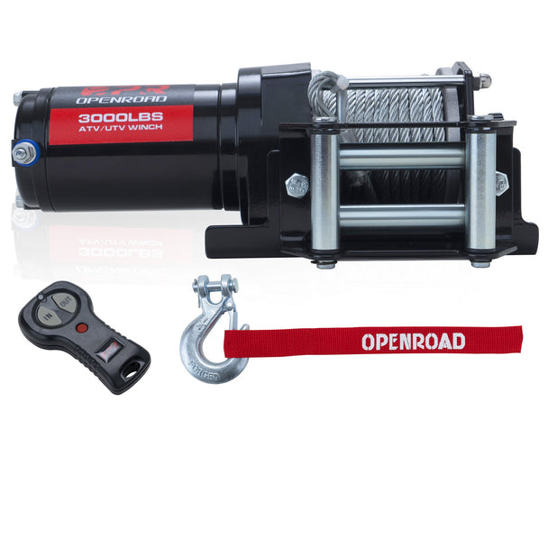 OPENROAD 3000 lbs ATV/UTV Winch – 12V electric winch with wired and wireless remote control, suitable for ATVs and versatile vehicles. Openroad4wd