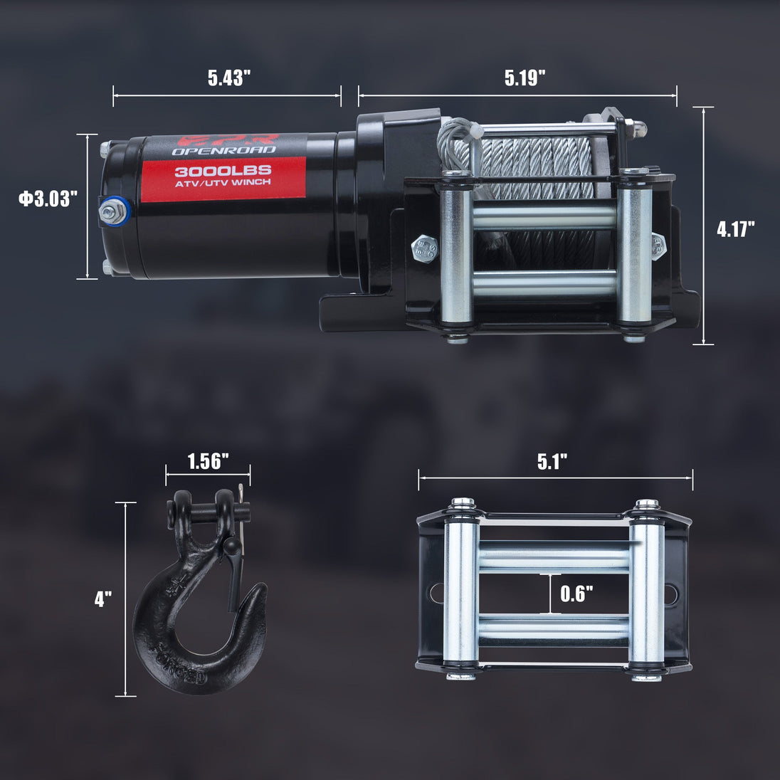 OPENROAD 3000 lbs ATV/UTV Winch – 12V electric winch with wired and wireless remote control, suitable for ATVs and versatile vehicles. Openroad4wd