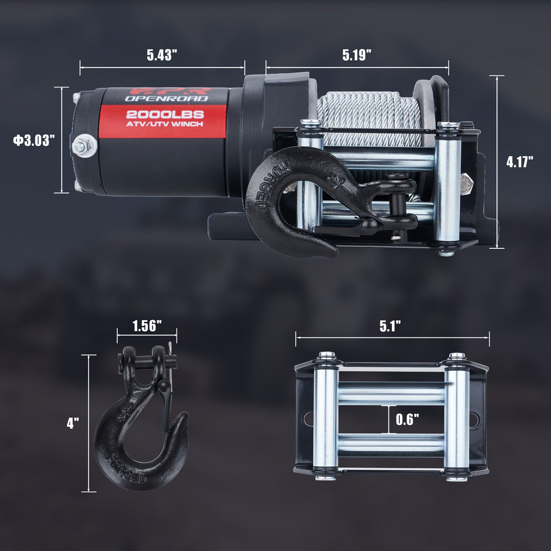 OPENROAD 2000 lbs ATV/UTV Winch – 12V electric winch with wired and wireless remote control, suitable for ATVs and versatile vehicles. Openroad4wd