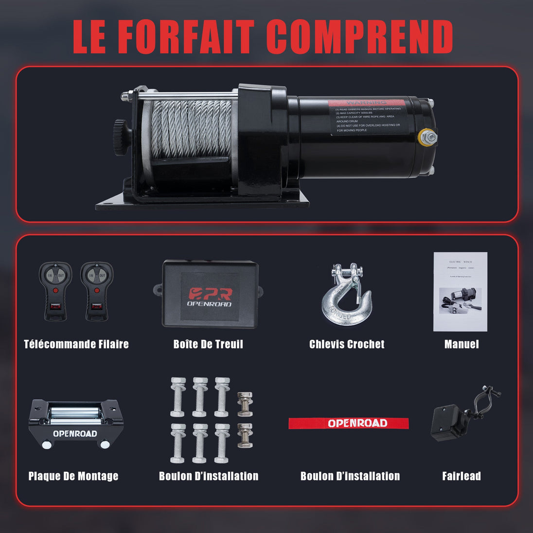 OPENROAD 3000 lbs ATV/UTV Winch – 12V electric winch with wired and wireless remote control, suitable for ATVs and versatile vehicles. Openroad4wd
