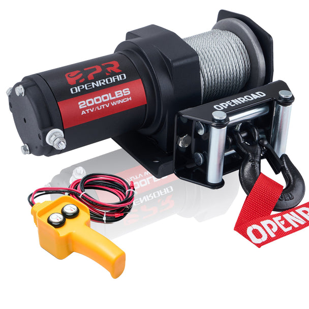 OPENROAD 2000 lbs ATV/UTV Winch – 12V electric winch with wired and wireless remote control, suitable for ATVs and versatile vehicles. Openroad4wd