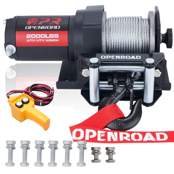 OPENROAD 2000 lbs ATV/UTV Winch – 12V electric winch with wired and wireless remote control, suitable for ATVs and versatile vehicles. Openroad4wd