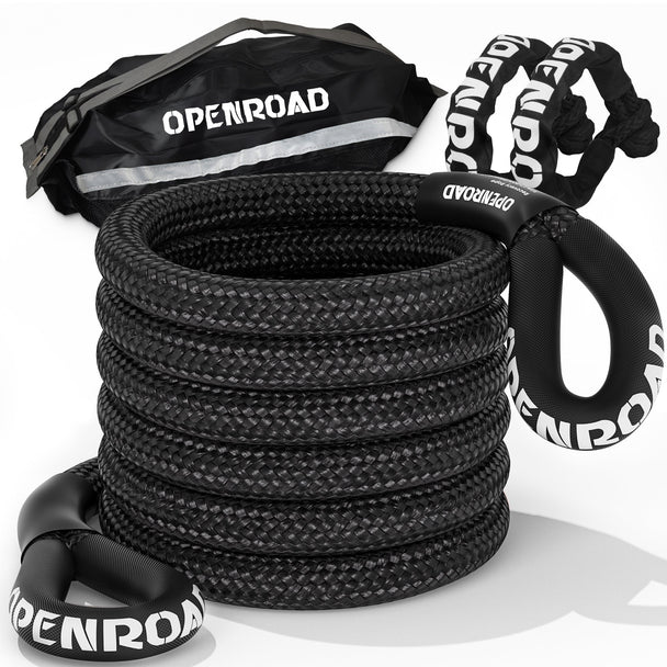 OPENROAD 1" x30' Kinetic Recovery Tow Rope (36,000lbs) Recovery Straps OPENROAD Black with Soft Shackle