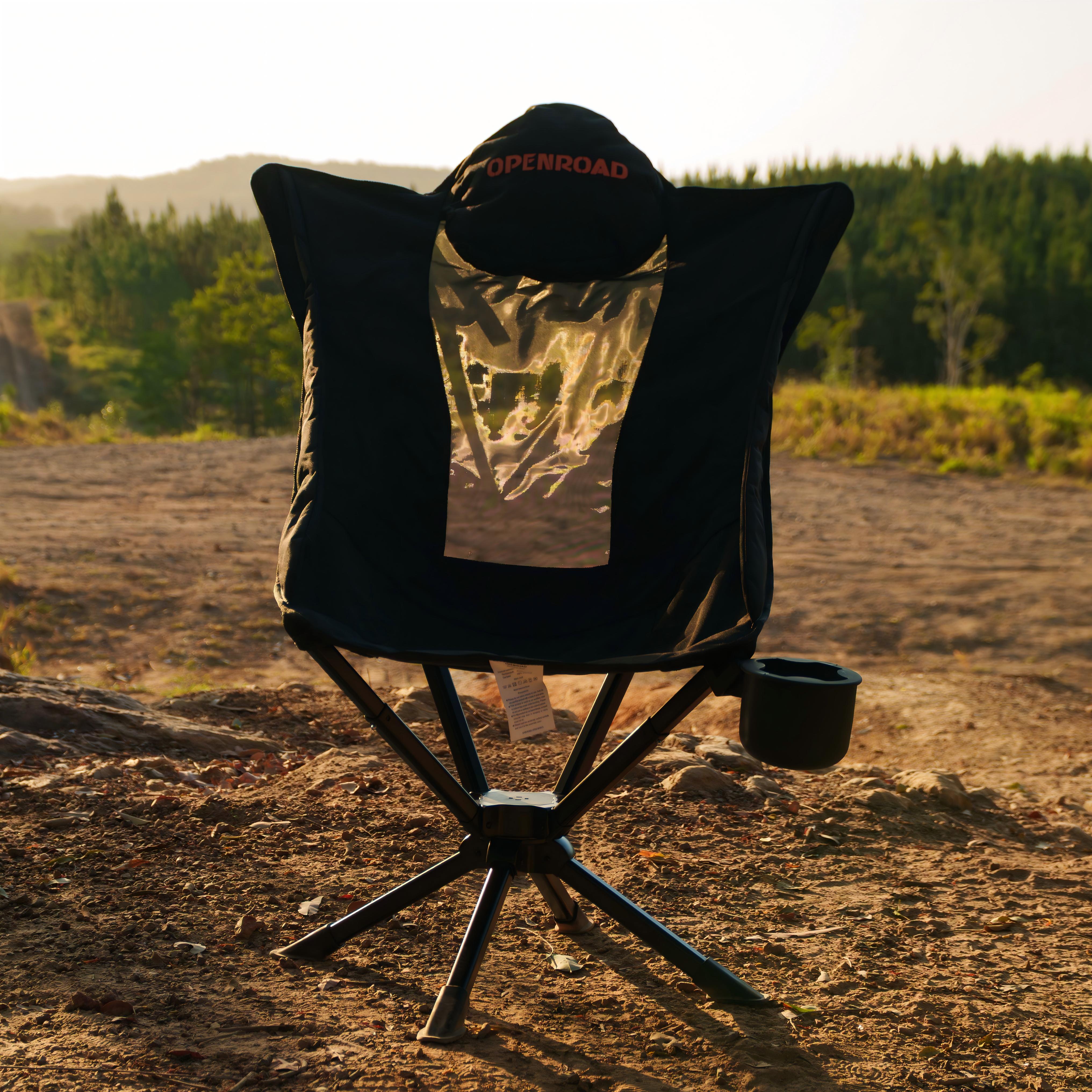 OPENROAD ergonomic camping chair with high back, mesh lumbar support and padded headrest for outdoor use.