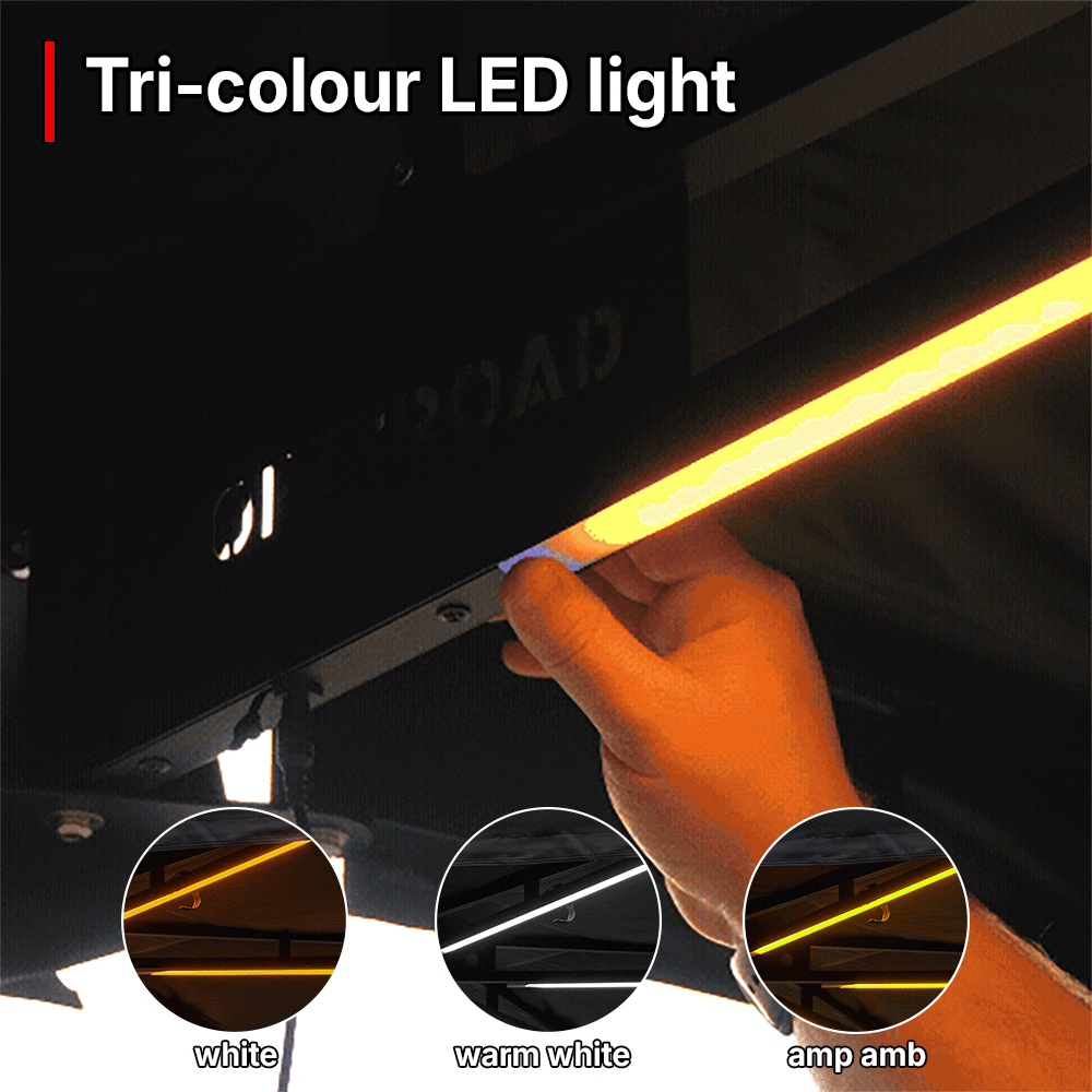 OPENROAD 180° awning with Tri-colour LED light—white, warm white, amber