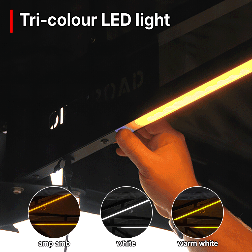 OPENROAD 180° awning with Tri-colour LED light—white, warm white, amber