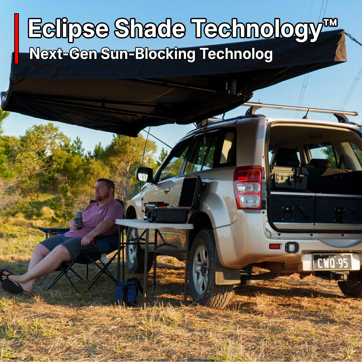 OPENROAD 180 degree awning on a 4WD—no legs required