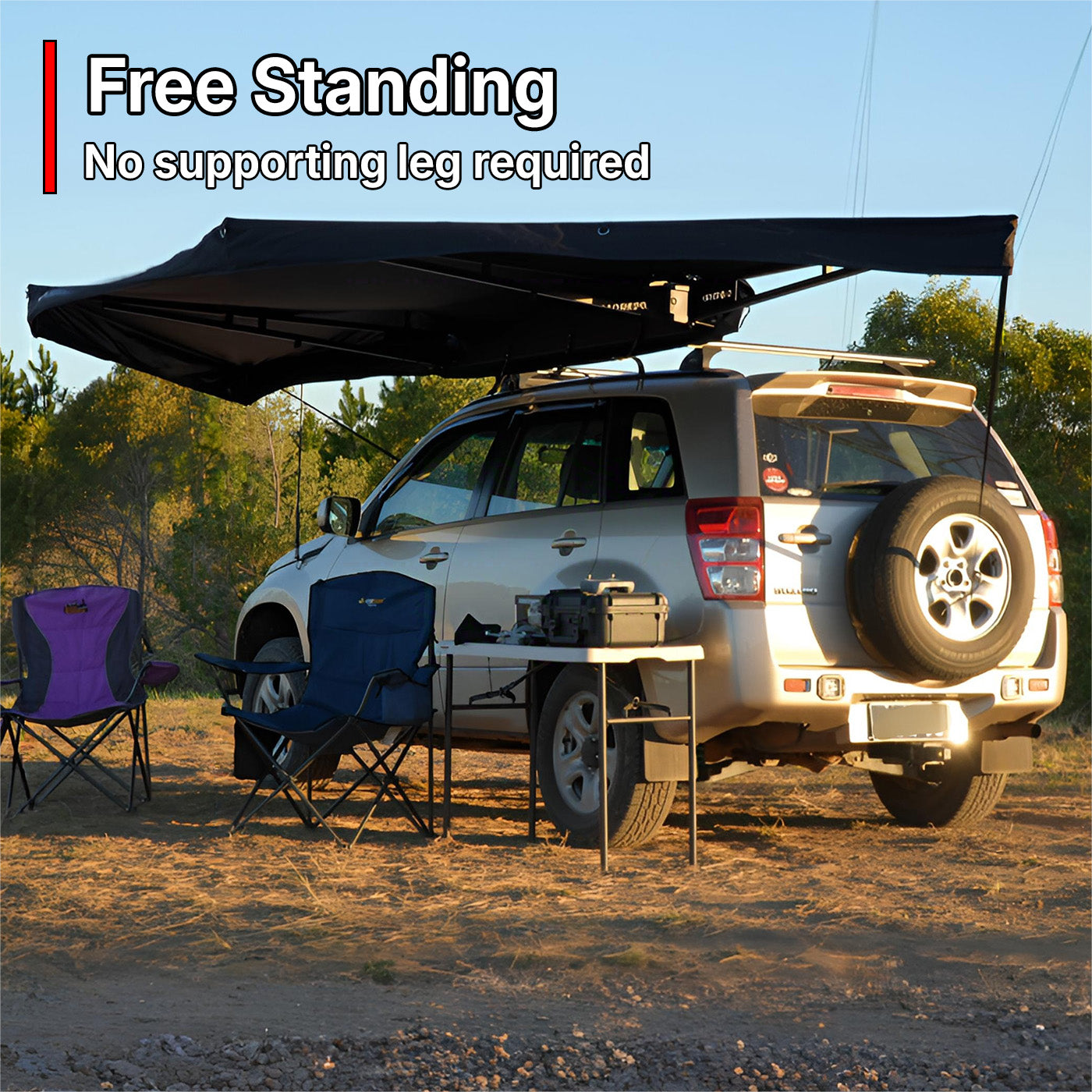 OPENROAD 180° free-standing awning on a 4WD, no supporting legs required; quick camp setup with table and chairs in the bush