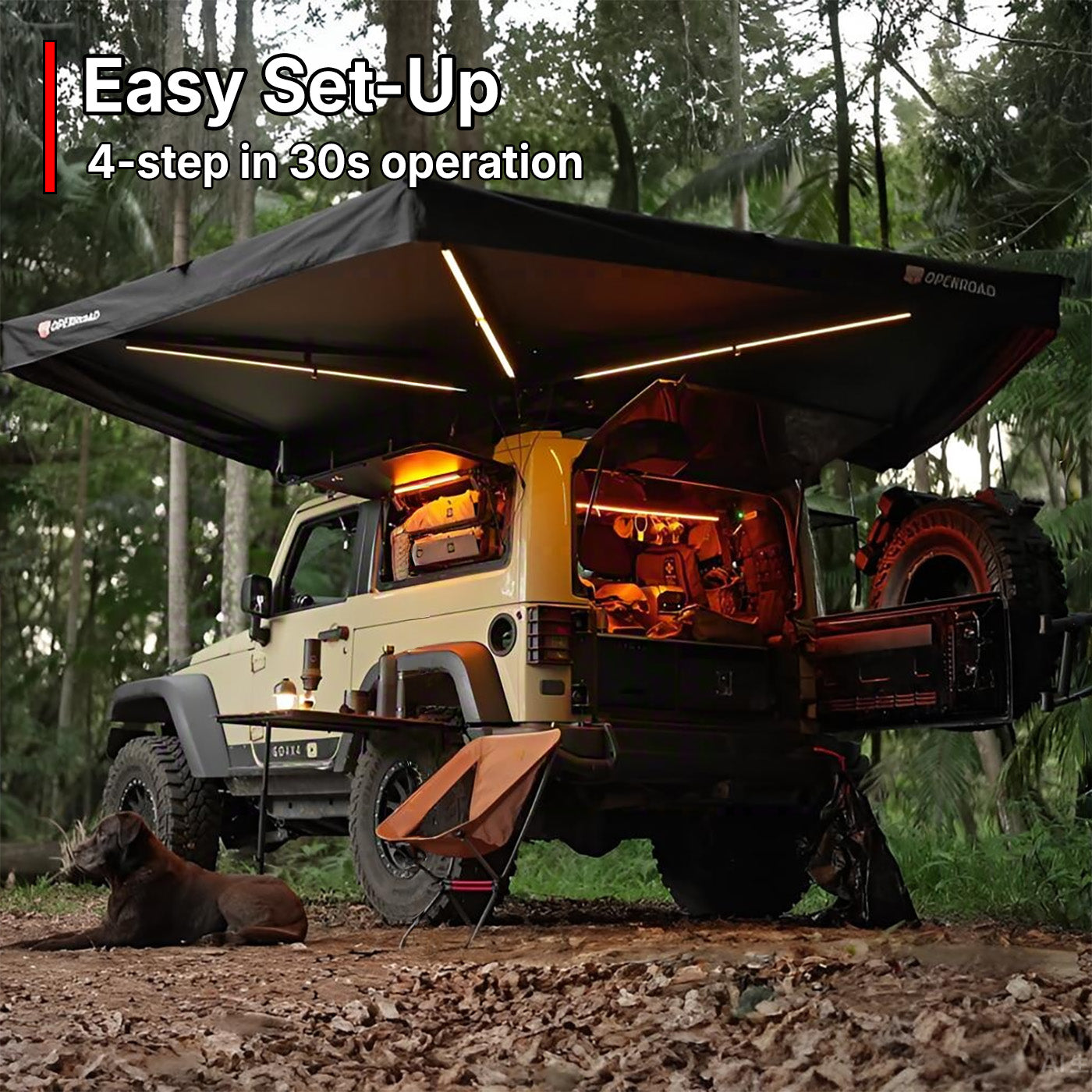OPENROAD 270 awning set up next to a car, demonstrating universal fit and tool-free installation