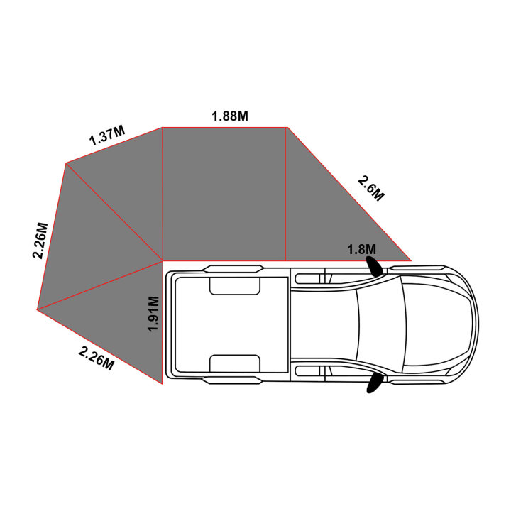 Top-down view of a pickup truck with the OpenRoad 270° Awning Plus fully extended, annotated with panel lengths of 1.37 m, 2.26 m, 1.91 m, 1.88 m, 2.6 m, 1.8 m