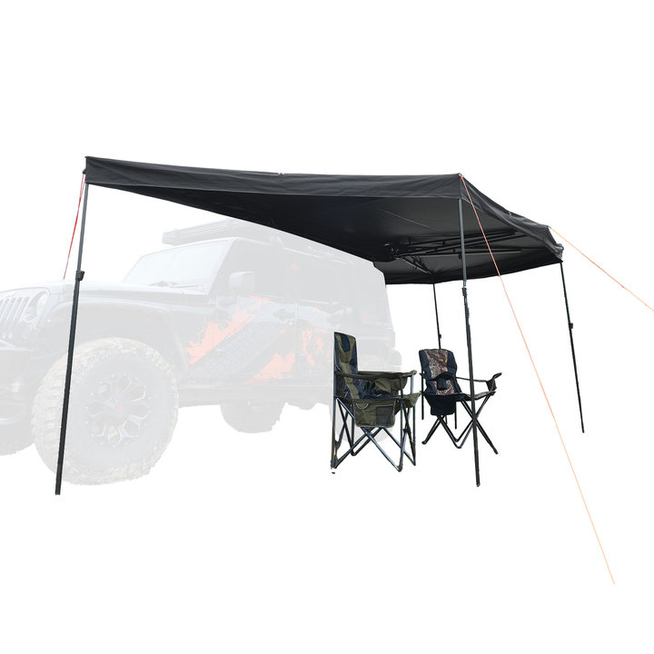 OpenRoad 270 Awning Plus deployed on a Jeep with two camp chairs beneath, providing full-arc shad.