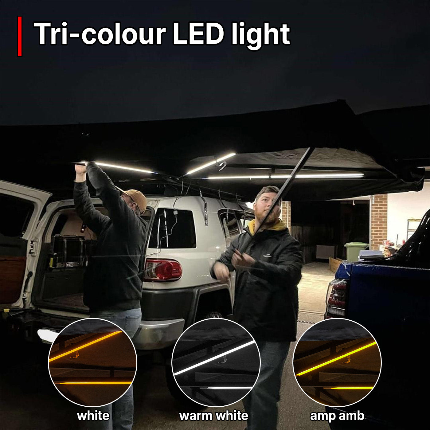 OPENROAD 270-degree awning with LED light, ideal for providing shade and ambient lighting during camping, road trips, and outdoor gatherings
