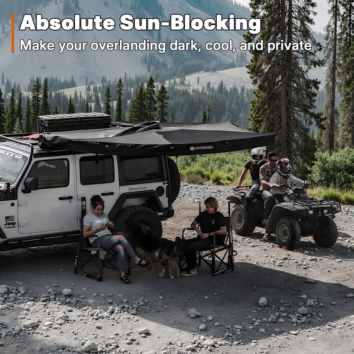 OPENROAD 270 awning free standing mounted next to a vehicle, ideal for providing shelter from sun, rain, and wind during outdoor activities.