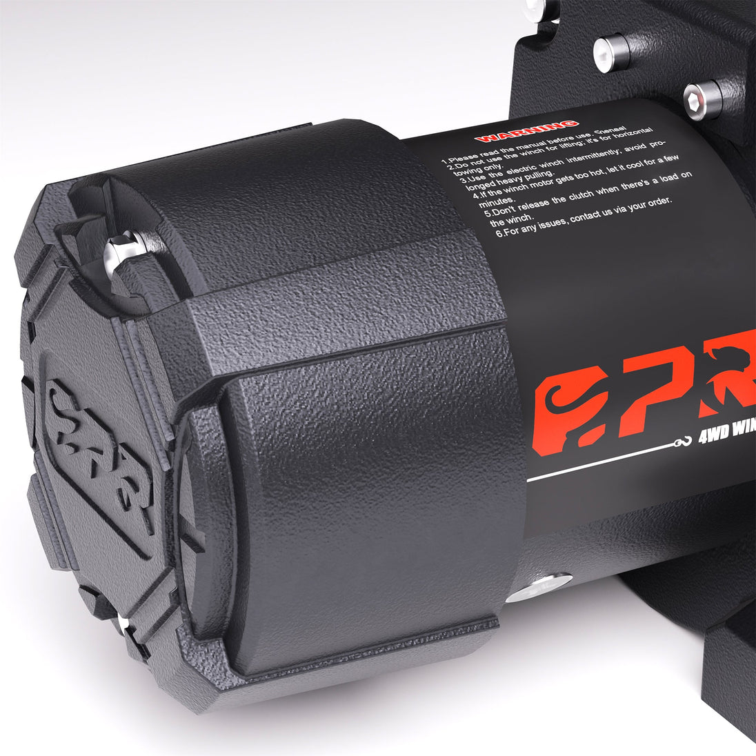 Close-up of Openroad 4x4 winch motor with rugged housing and safety label, built for off-road recovery and heavy-duty use