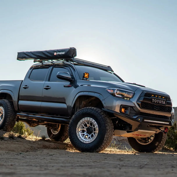 OPENROAD 4x4 roof-rack awning with PVC cover on Toyota Tacoma, off-road camping shade system