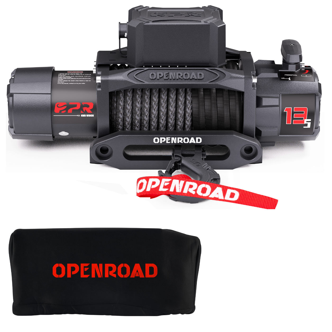 OPENROAD 13,500lb automatic winch with synthetic rope and protective cover, ideal for 4WD recovery and off-road use