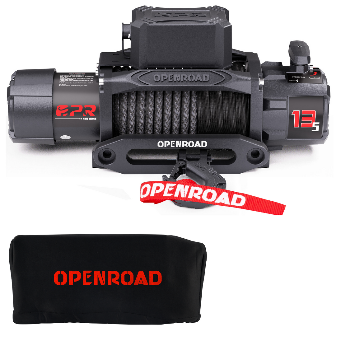 OPENROAD 13,500lb automatic winch with synthetic rope and protective cover, ideal for 4WD recovery and off-road use