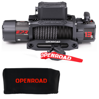 OPENROAD 13,500lb automatic winch with synthetic rope and protective cover, ideal for 4WD recovery and off-road use