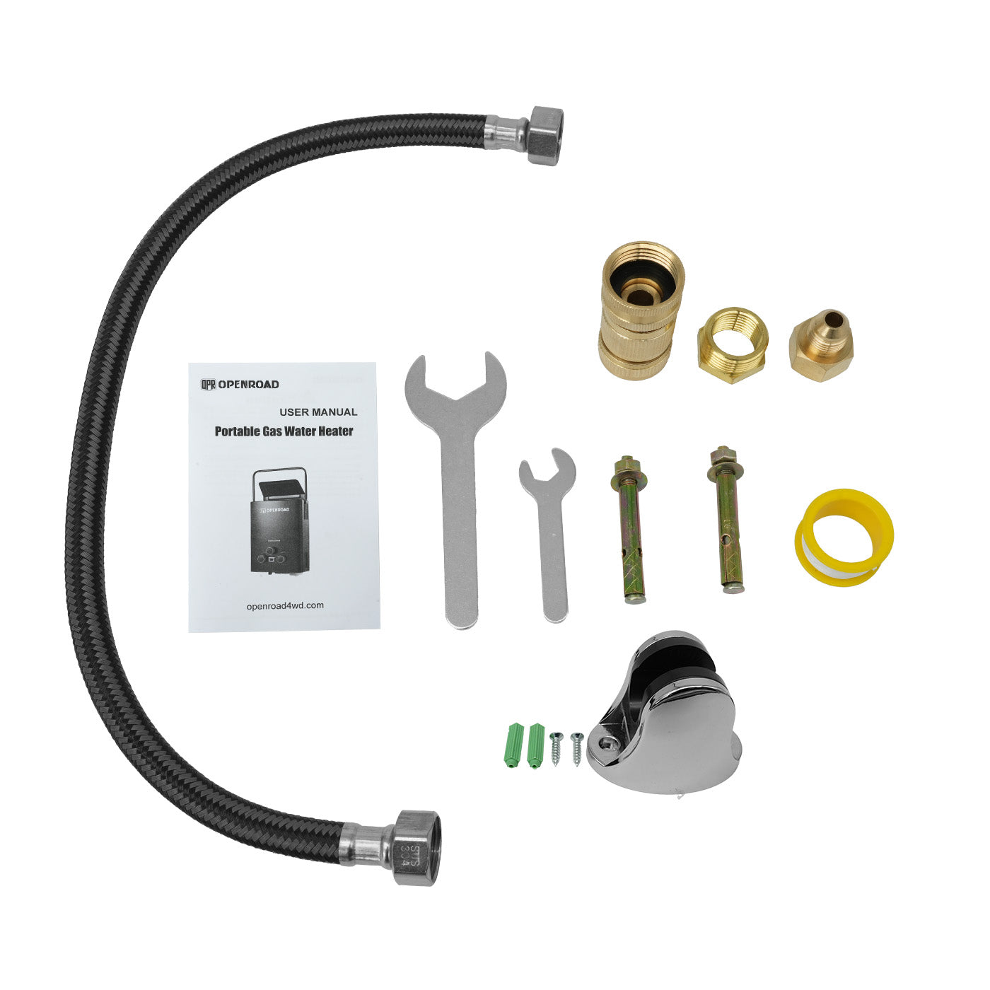 Full accessory kit for OpenRoad portable camping hot water system including hose, tools, gas fittings, and mounting parts