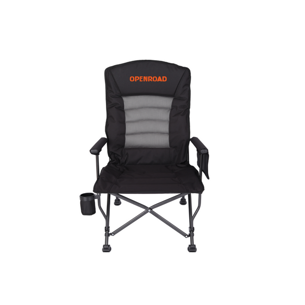 OPENROAD folding camp chair with padded back and cup holder, lightweight design for camping and 4WD touring in Australia.