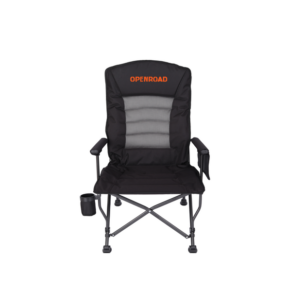 OPENROAD folding camp chair with padded back and cup holder, lightweight design for camping and 4WD touring in Australia.