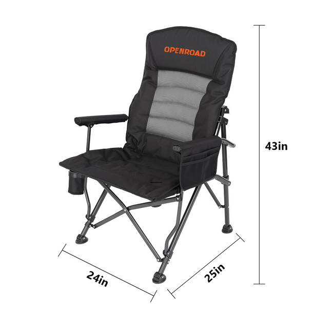 Dimensions of Openroad compact folding camping chair with padded seat and mesh back, ideal for 4WD touring setups