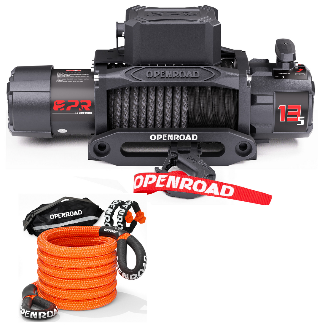 OPENROAD 13,500lbs electric winch with Synthetic Rope - Panther Series 3S winch Openroad4wd 13500lbs Winch with Kinetic Rope and Soft Shackle