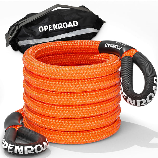 Heavy duty kinetic snatch strap for 4x4 recovery, bright orange tow rope with protective sleeves and carry bag – ideal for off-road vehicles.