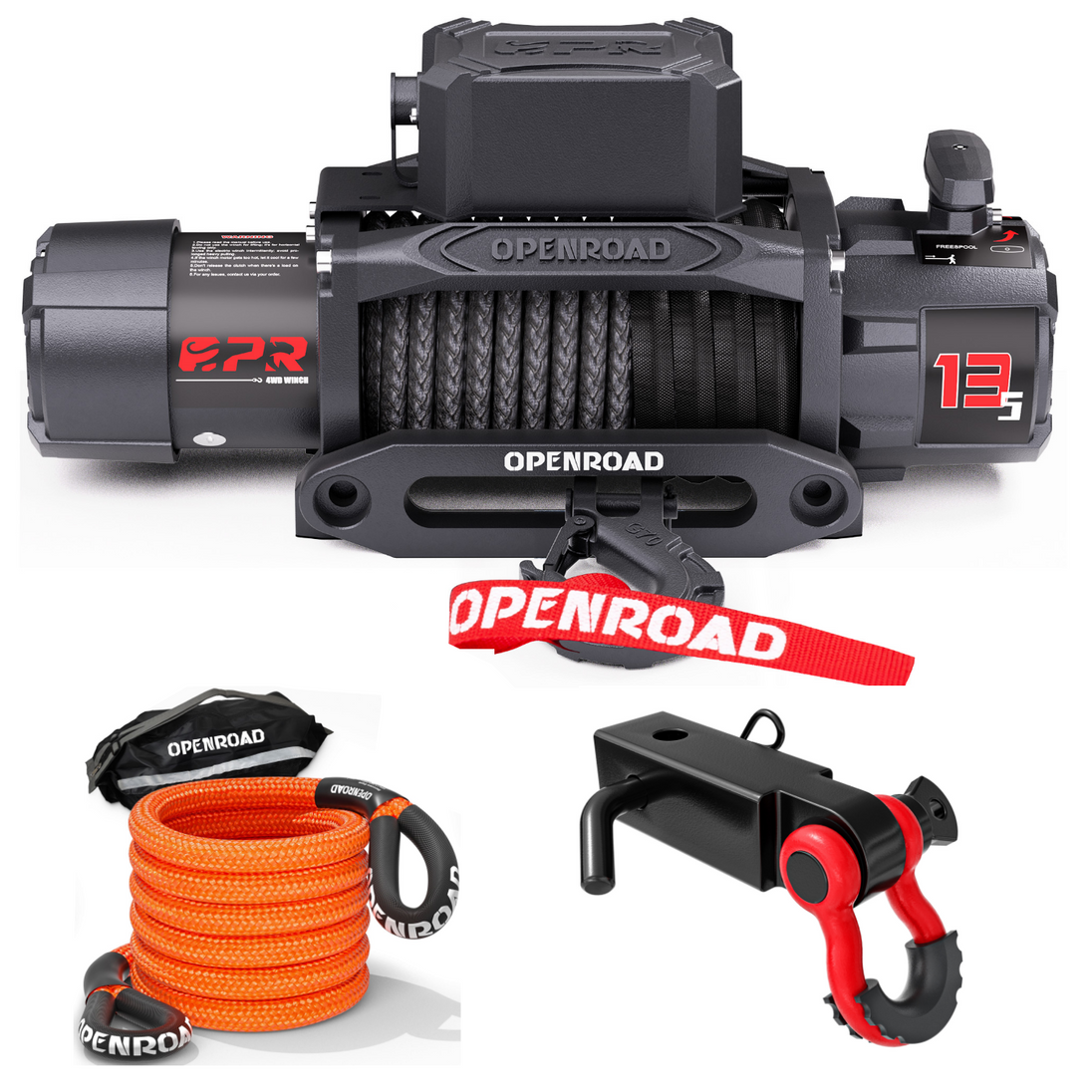 Openroad synthetic winch rope kit with 13,500lb electric winch, tow hook and recovery bag, designed for 4WD vehicle recovery