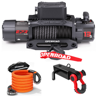 Openroad synthetic winch rope kit with 13,500lb electric winch, tow hook and recovery bag, designed for 4WD vehicle recovery