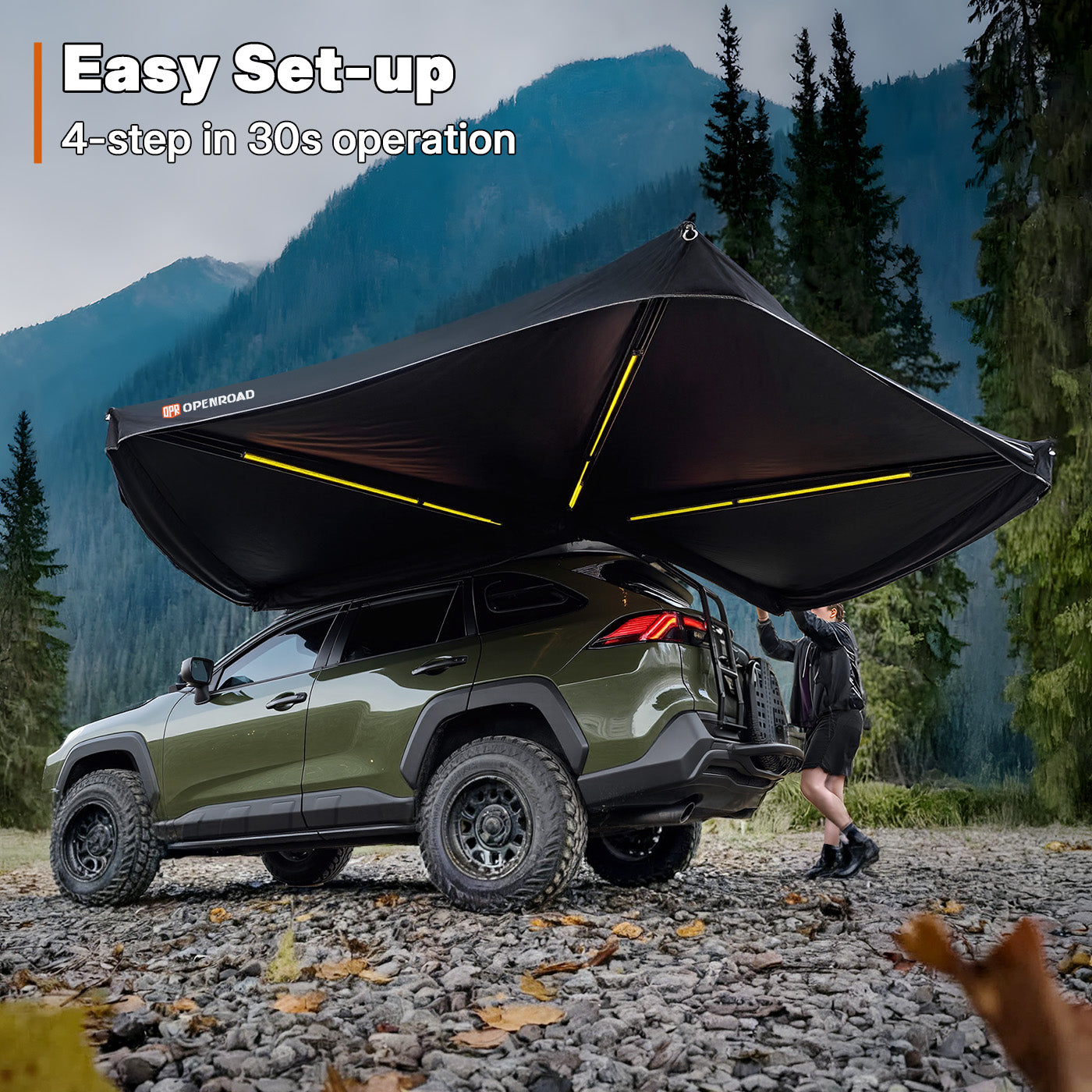 OPENROAD awning set up next to a vehicle, demonstrating universal fit and tool-free installation