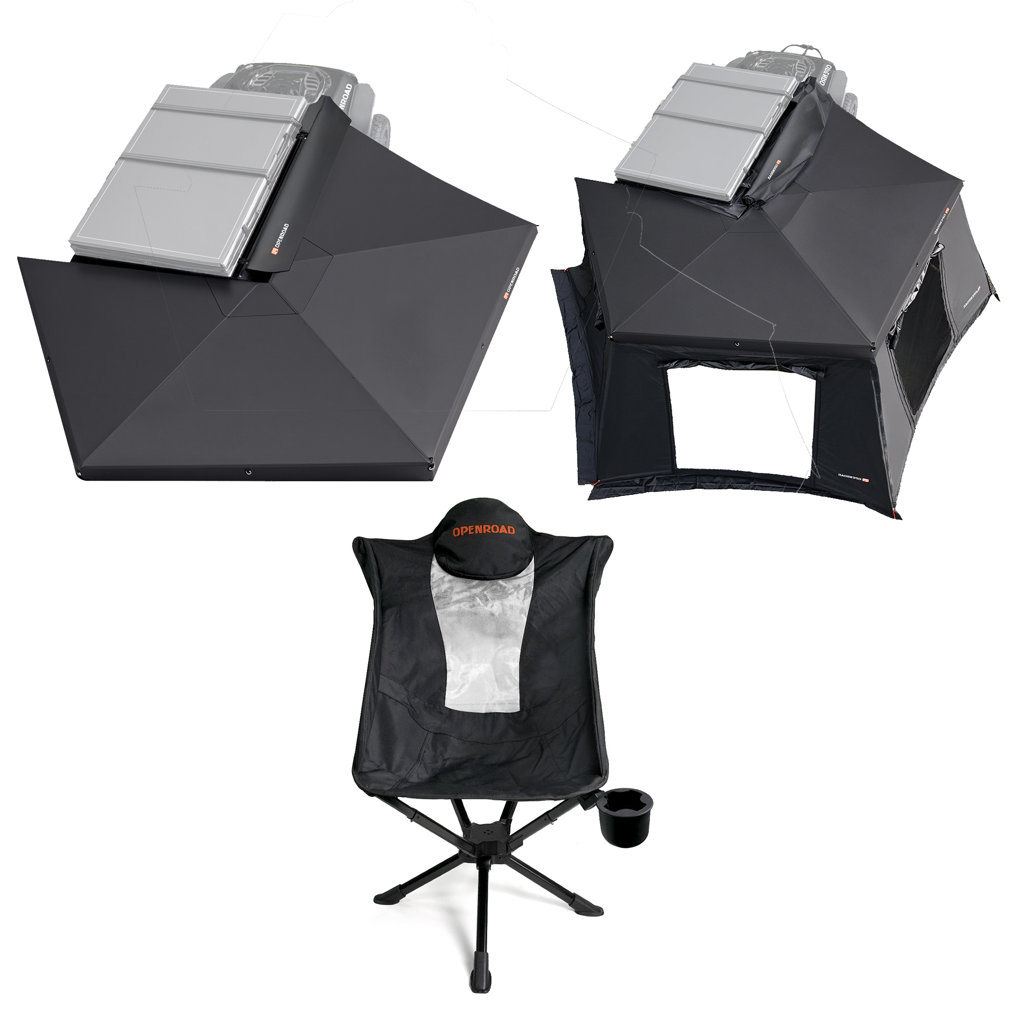 openroad 270 free standing awning with sidewall and camping chair