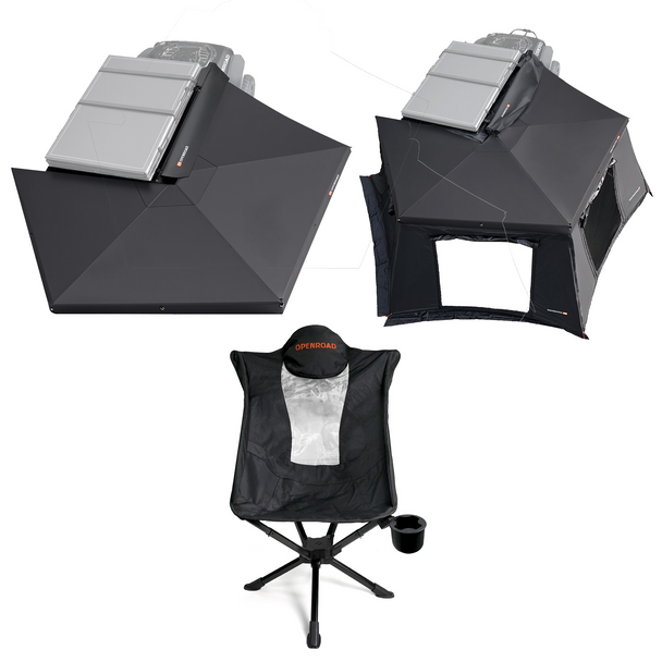openroad 270 free standing awning with sidewall and camping chair