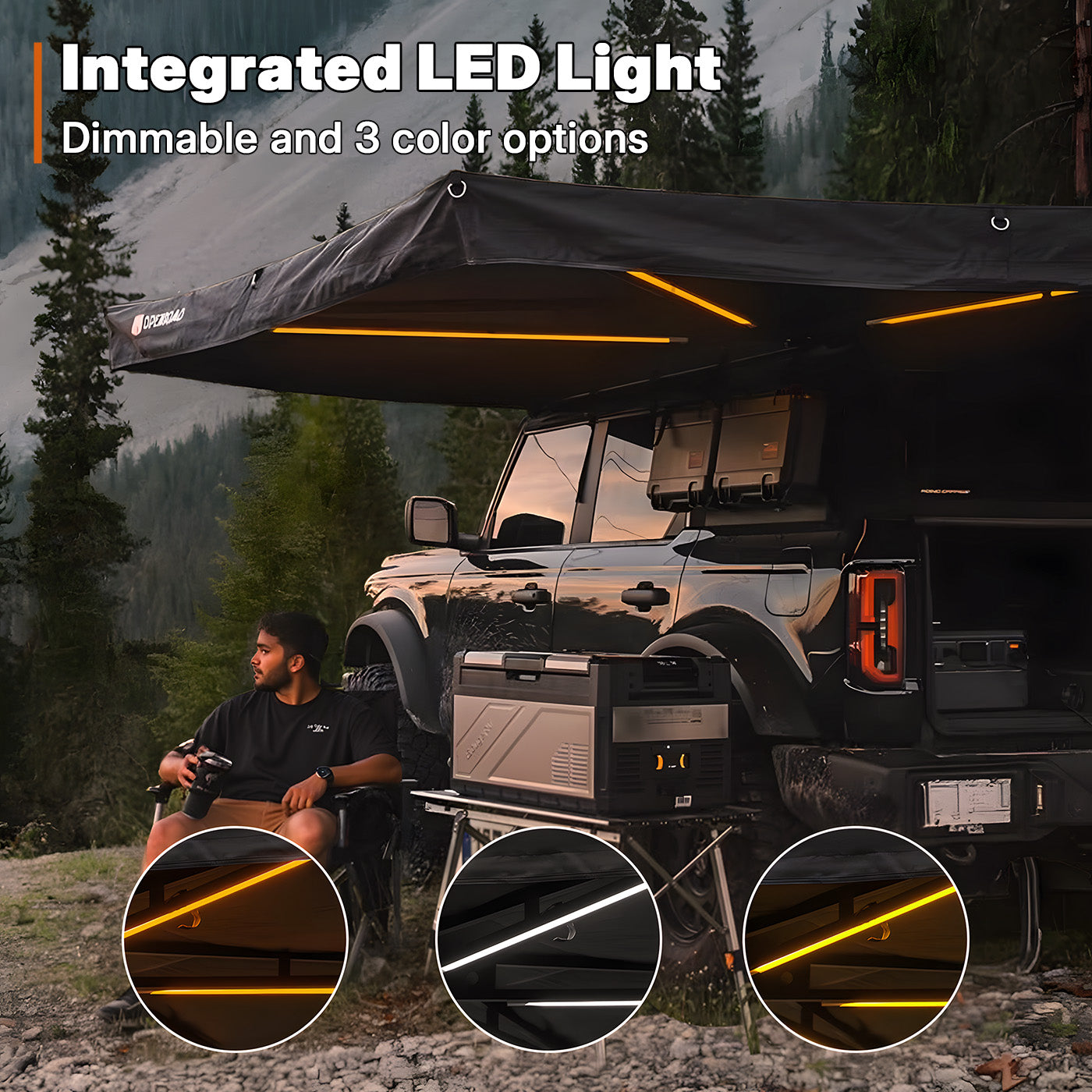 OPENROAD 270-degree awning with LED light, ideal for providing shade and ambient lighting during camping, road trips, and outdoor gatherings.