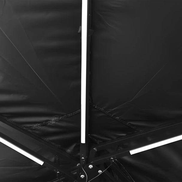 Close-up of OPENROAD 270° car awning showing integrated tri-colour LED strips in white mode beneath the black canopy and support arms.