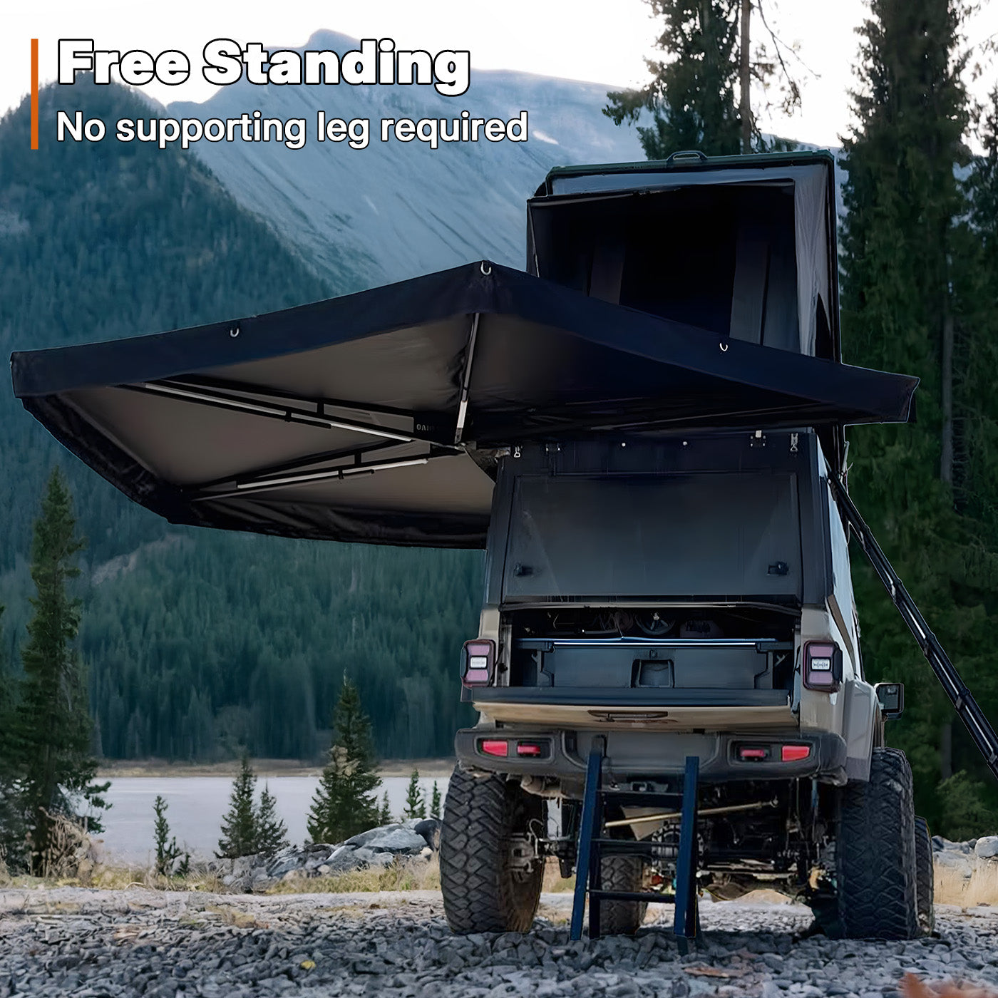 OPENROAD free standing 270-degree awning with no supporting legs, offering effortless setup and full coverage shade.