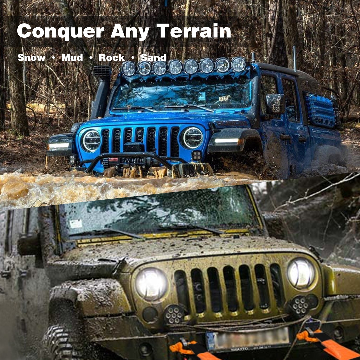 Jeep using tree trunk protector and recovery gear to conquer muddy terrain, off-road 4x4 accessory in action
