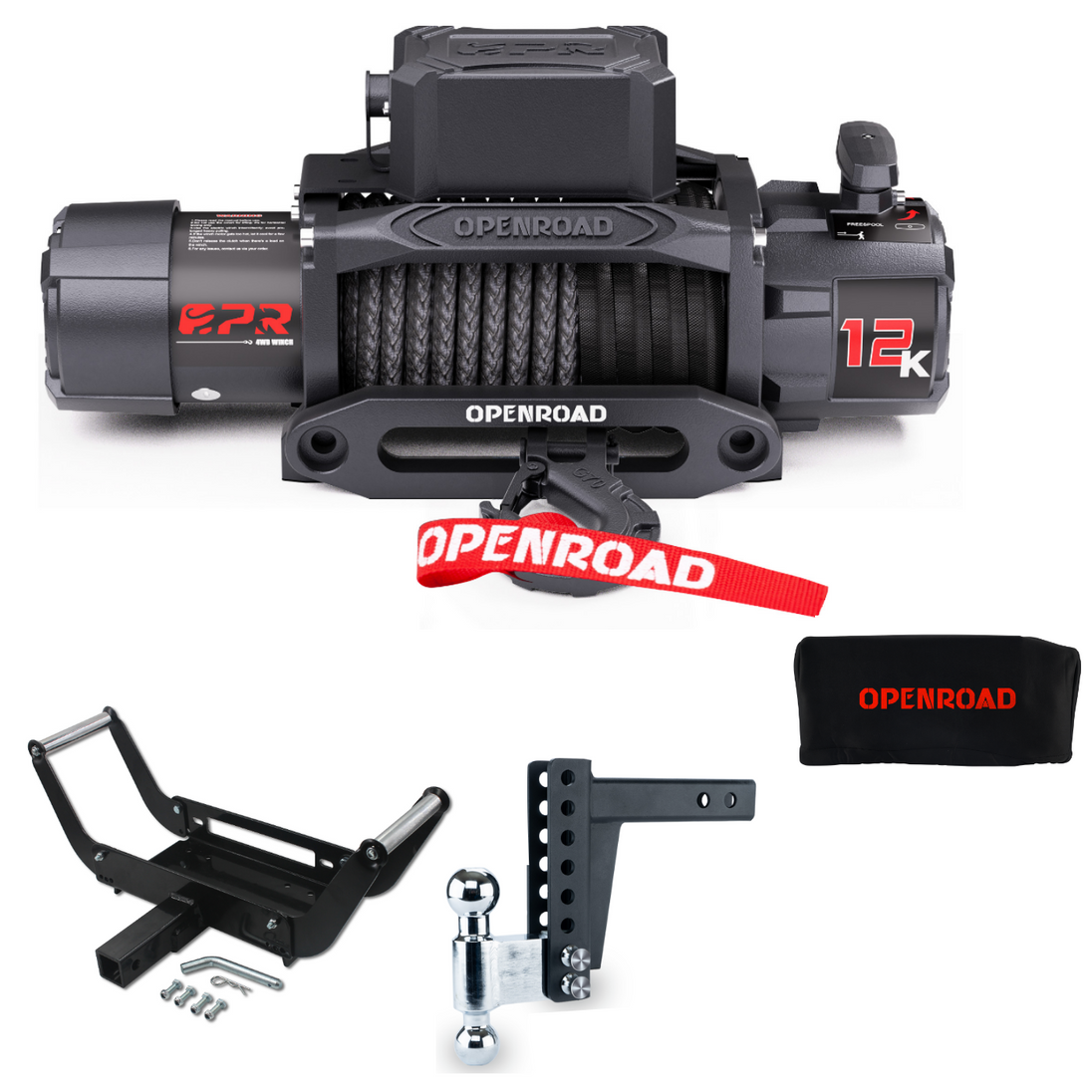 12,000lbs Winch with Protection Cover and Winch Mount Receiver Hitch and 10'' Adjustable Trailer Hitch Openroad4wd