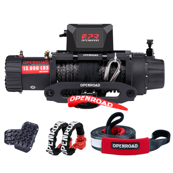 OPENROAD 13,000 lbs Winch with Synthetic Rope and 2 Wireless Remote Controllers - Panther Series 2s+5 Generation Off-road Recovery Traction Boards (2pcs) | Red+Nylon Heavy Duty Tow Strap Recovery Strap+Synthetic SoftShackle Rope  openroad4wd.com   