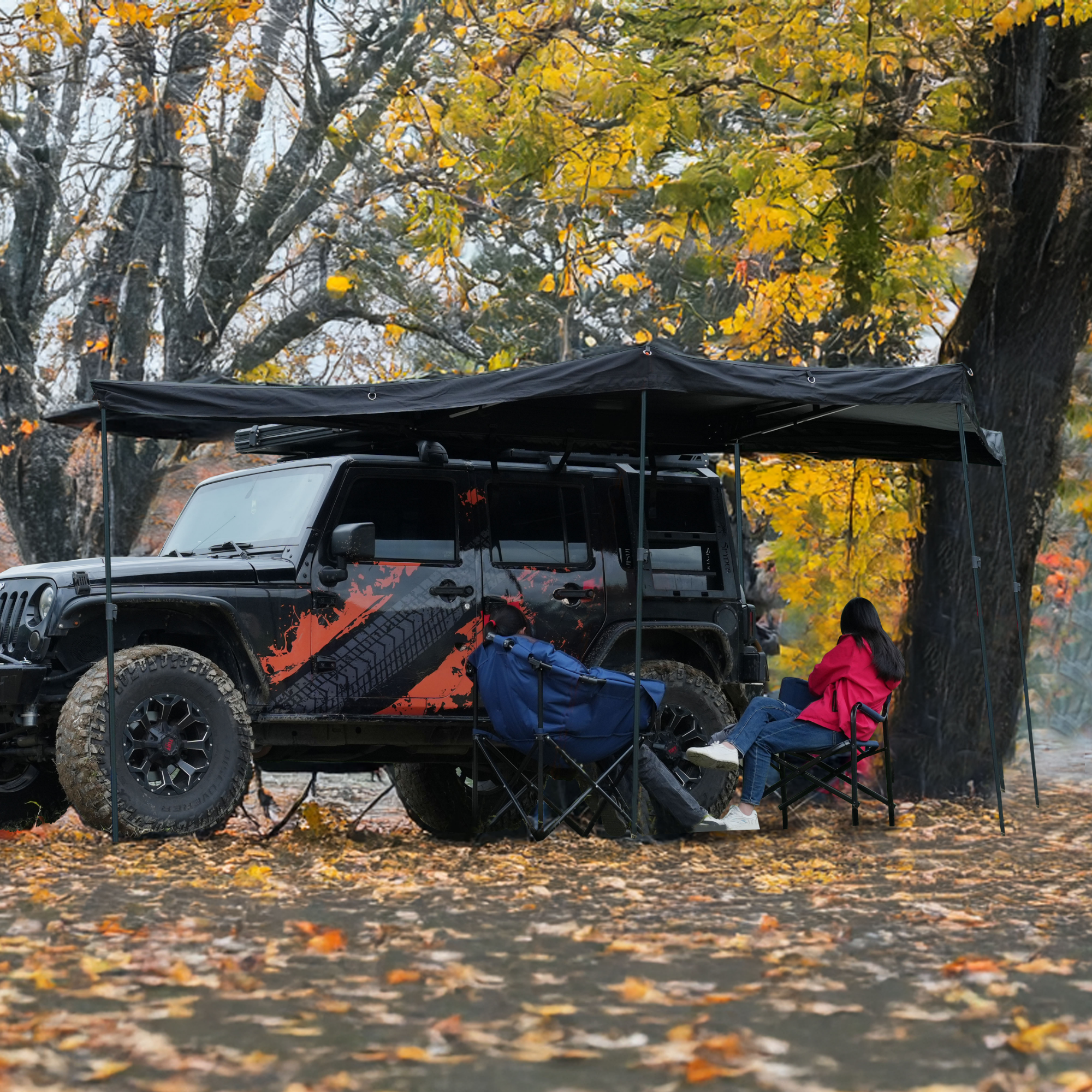 OpenRoad 270 Awning Plus mounted on a 4WD SUV roof rack providing full 270° shade coverage outdoors