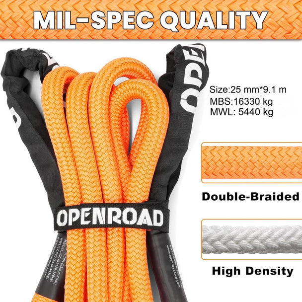 Openroad 25mm x 9m kinetic recovery rope, heavy-duty snatch strap with 16330kg breaking strength, military-spec double braided nylon
