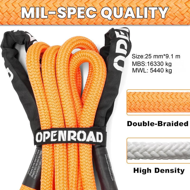 Openroad 25mm x 9m kinetic recovery rope, heavy-duty snatch strap with 16330kg breaking strength, military-spec double braided nylon