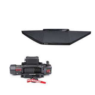 Openroad 180° car awning with 13,500 lb (6,123 kg) winch on a 4WD, compact shade and recovery setup for camping.