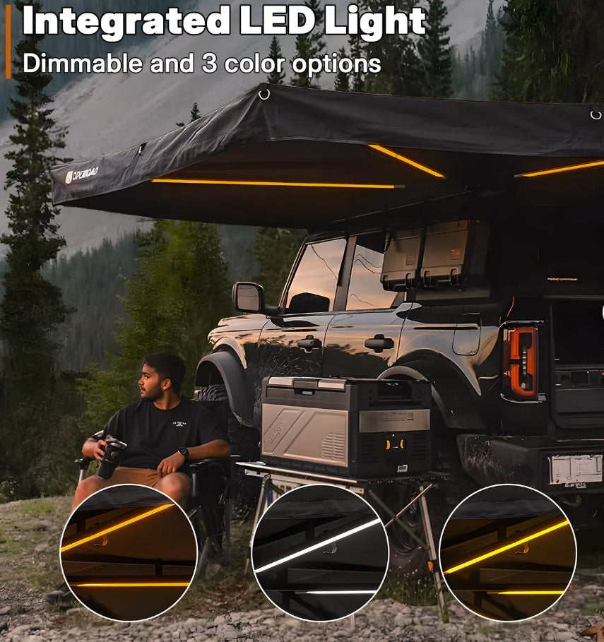 OPENROAD 270-degree car awning with integrated dimmable LED light, 3-colour modes (amber/white/warm), fitted to a Ford Bronco at camp.
