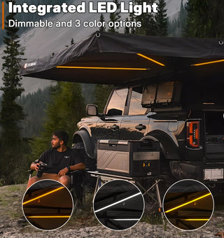 OPENROAD 270-degree car awning with integrated dimmable LED light, 3-colour modes (amber/white/warm), fitted to a Ford Bronco at camp.