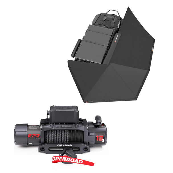 Openroad 270 awning plus with a 13,500 lb (6,123 kg) winch fitted to a 4WD, set up for camping shade and recovery.