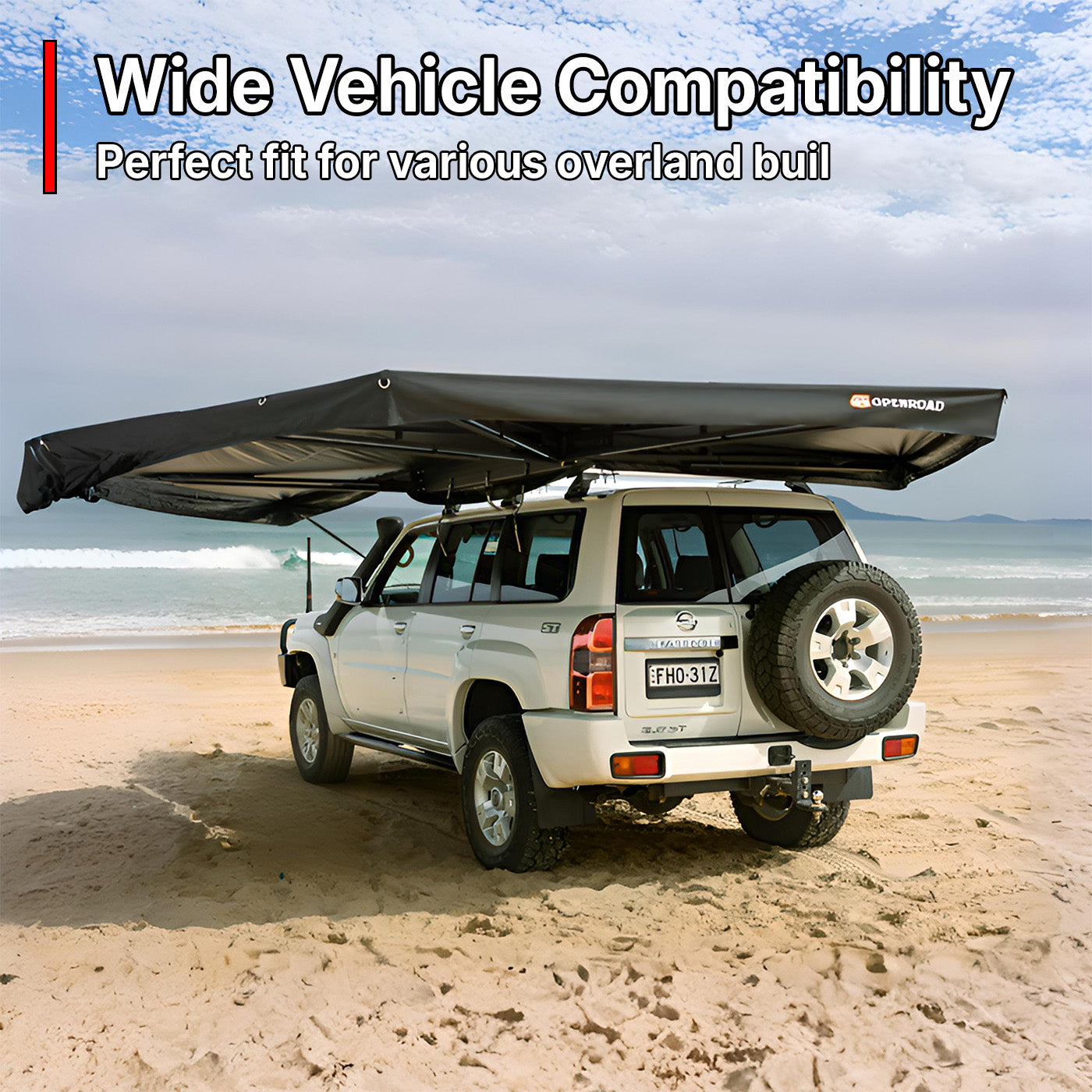 4WD camping setup with OPENROAD 270-degree awning plus providing side-and-rear shade; suits a wide range of vehicles